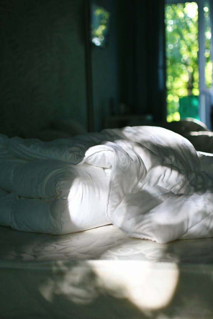 Sunlight streaming through window onto a white comforter in a serene bedroom setting.